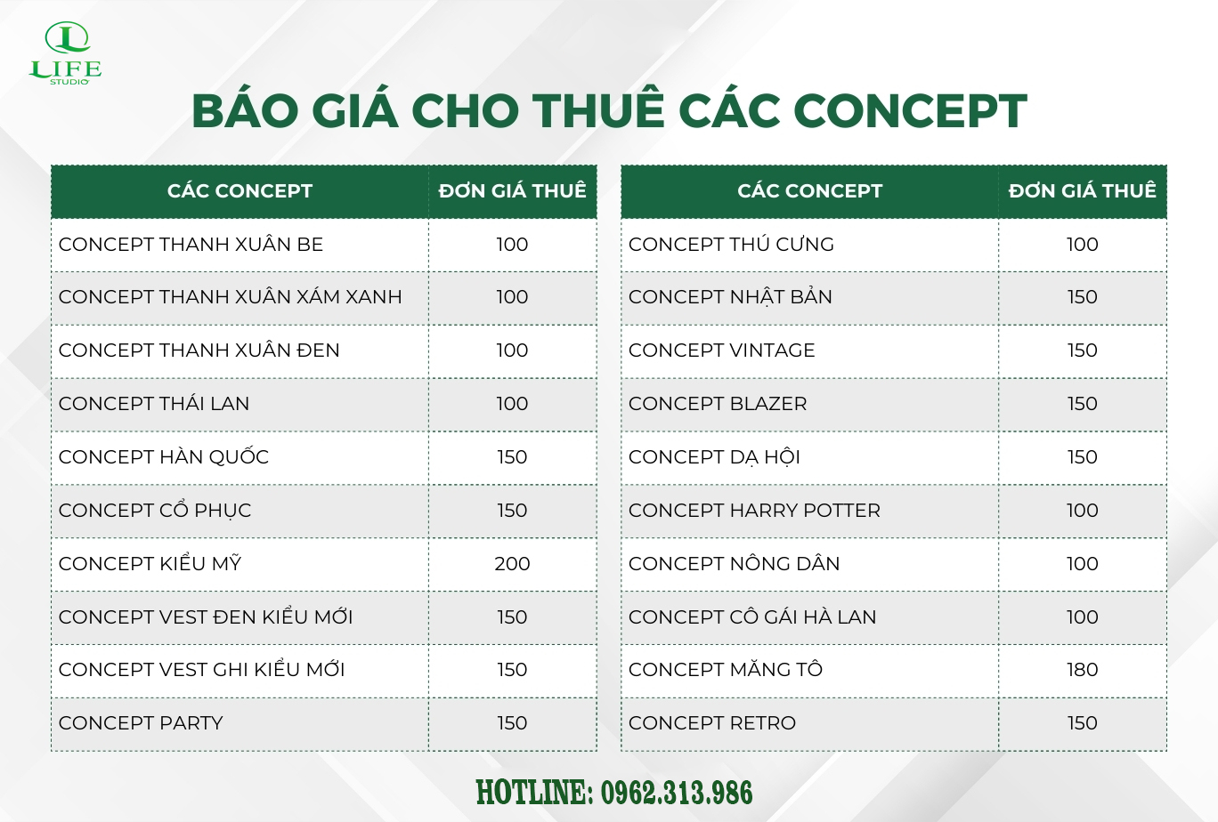 BẢNG GIÁ CONCEPT KỶ YẾU
